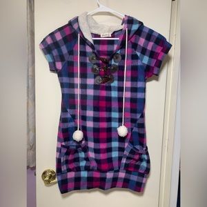 Purple Plaid Sweater Dress With Pom Poms